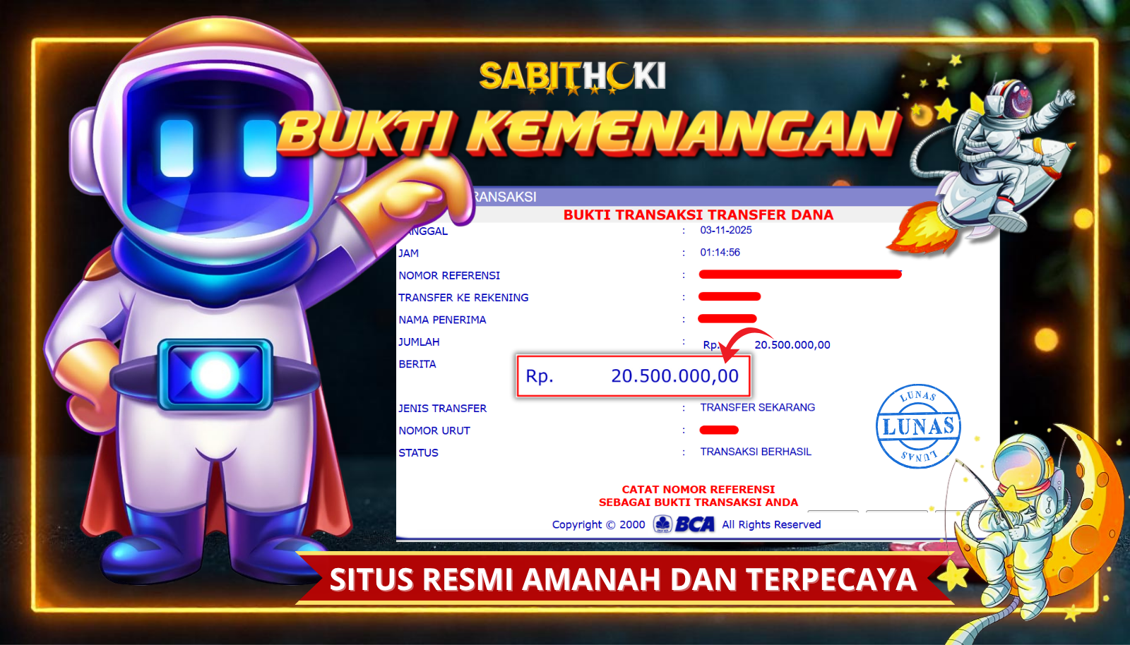SELAMAT KEPADA MEMBER SETIA SABITHOKI YANG BERHASIL JACKPOT DI PERMAINAN SPACAMEN